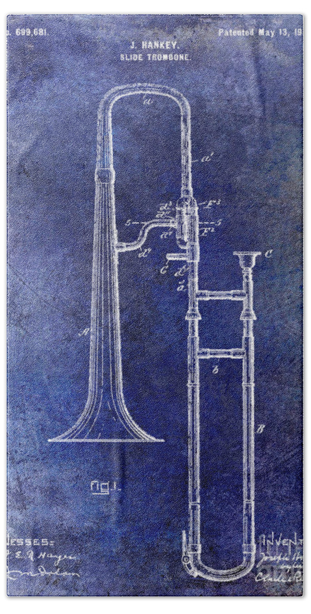 Trombone Hand Towel featuring the photograph 1902 Trombone Patent Blue by Jon Neidert