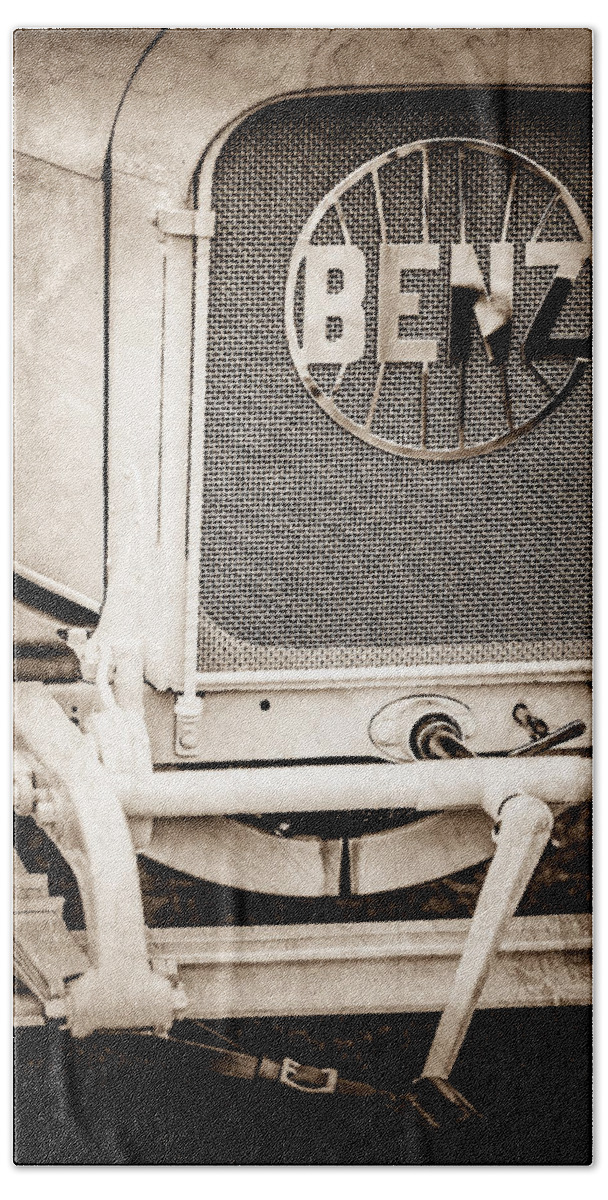 1908 Benz Prince Heinrich Two Seat Race Car Grille Emblem Bath Towel featuring the photograph 1908 Benz Prince Heinrich Two Seat Race Car Grille Emblem -1696s by Jill Reger
