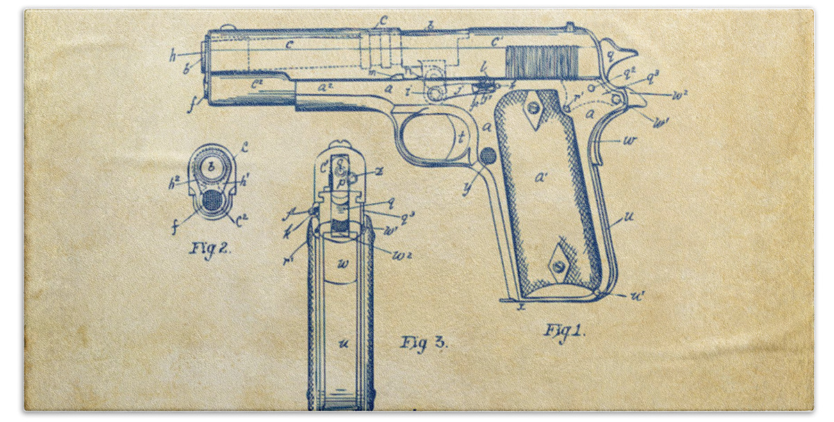 Colt 45 Hand Towel featuring the digital art 1911 Colt 45 Browning Firearm Patent Artwork Vintage by Nikki Marie Smith