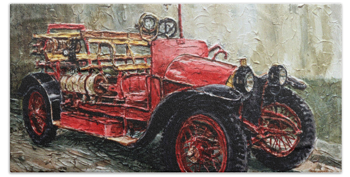 Fire Engine Bath Towel featuring the painting 1912 Porsche Fire Truck by Joey Agbayani