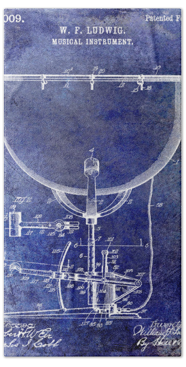 Drum Hand Towel featuring the photograph 1913 Ludwig Drum Patent Blue by Jon Neidert