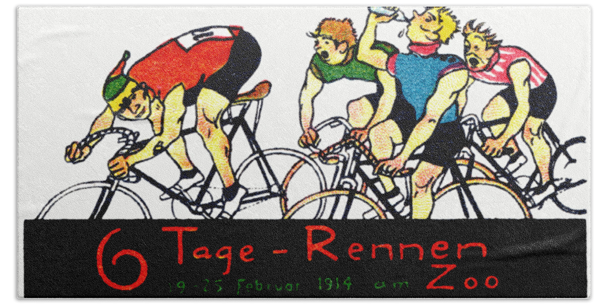 Bath Towel featuring the painting 1914 Bicycle Race Poster by Historic Image