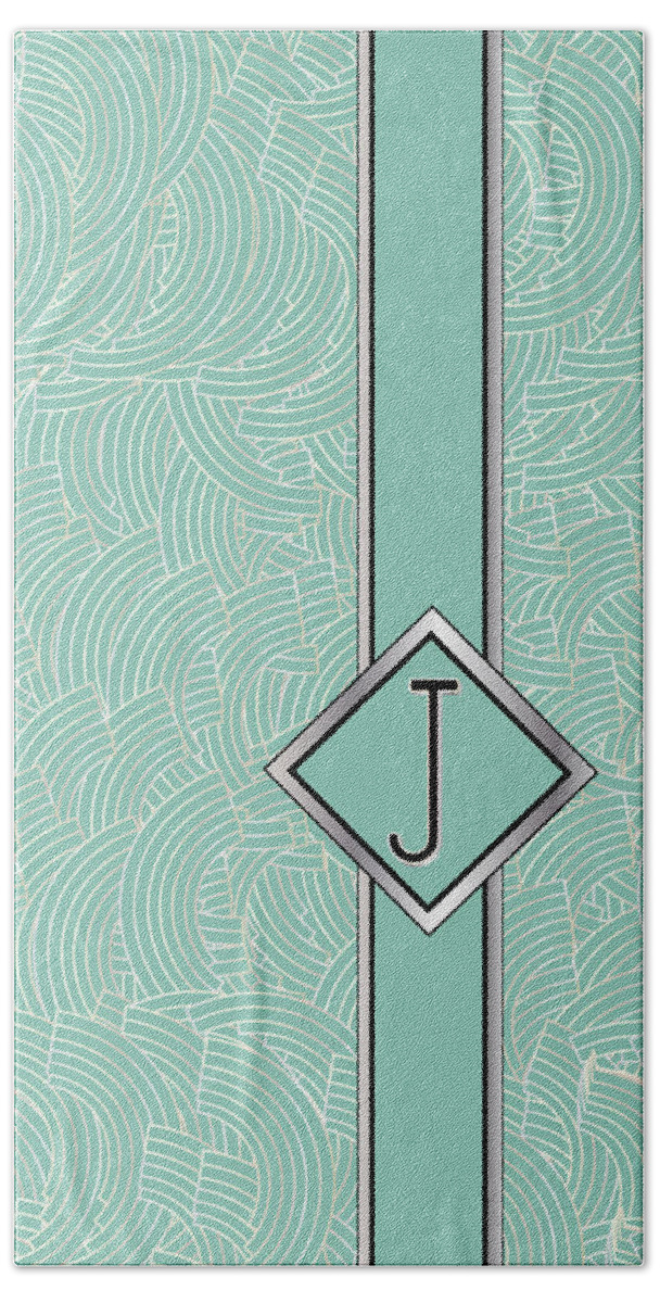 Monogrammed Bath Towel featuring the digital art 1920s Blue Deco Jazz Swing Monogram ...letter J by Cecely Bloom