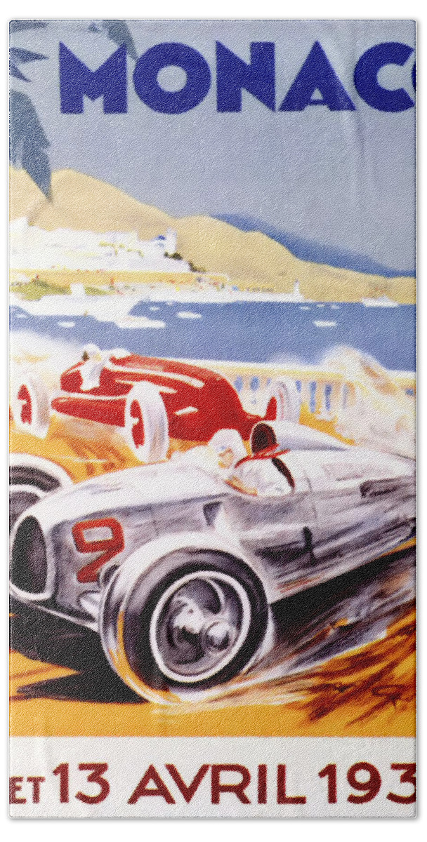 F1 Bath Towel featuring the digital art 1936 F1 Monaco Grand Prix by Georgia Clare