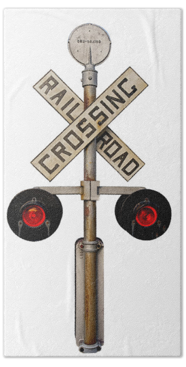1950s Style Railroad Bath Towel featuring the photograph 1940's Rail Road Crossing Signal Knockout by Gary Warnimont