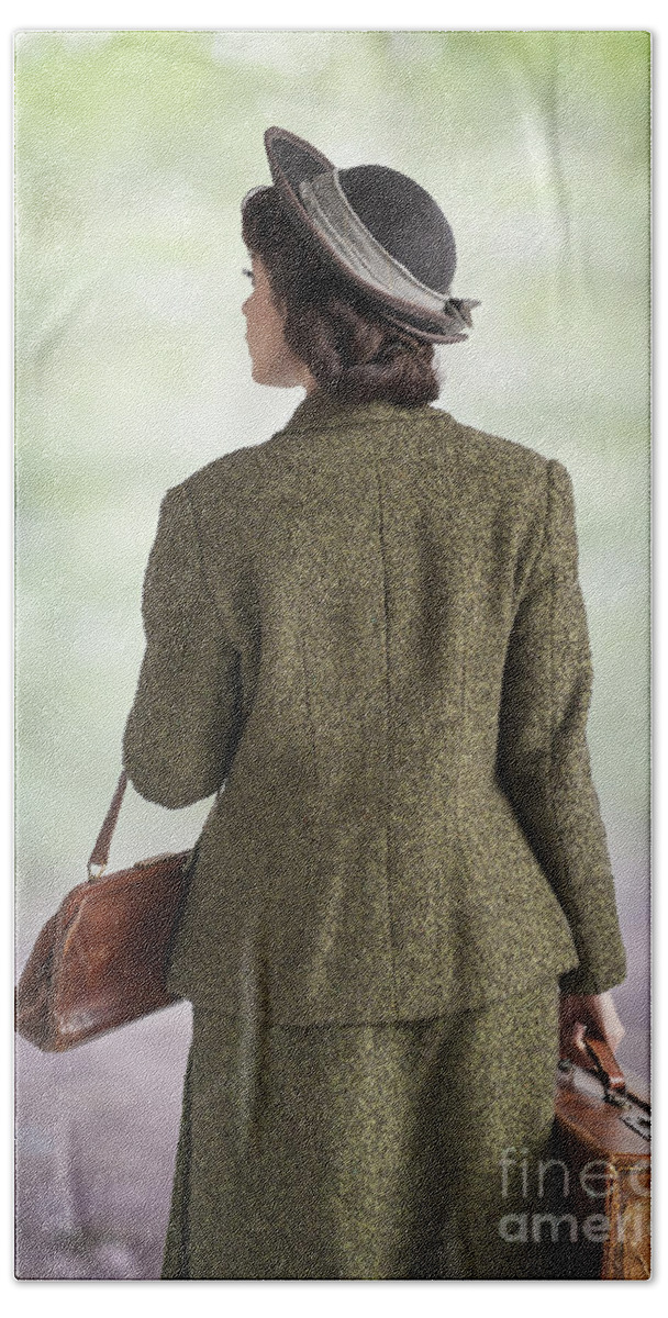 1940s Bath Towel featuring the photograph 1940s Woman Walking With Leather Suitcase And Handbag by Lee Avison