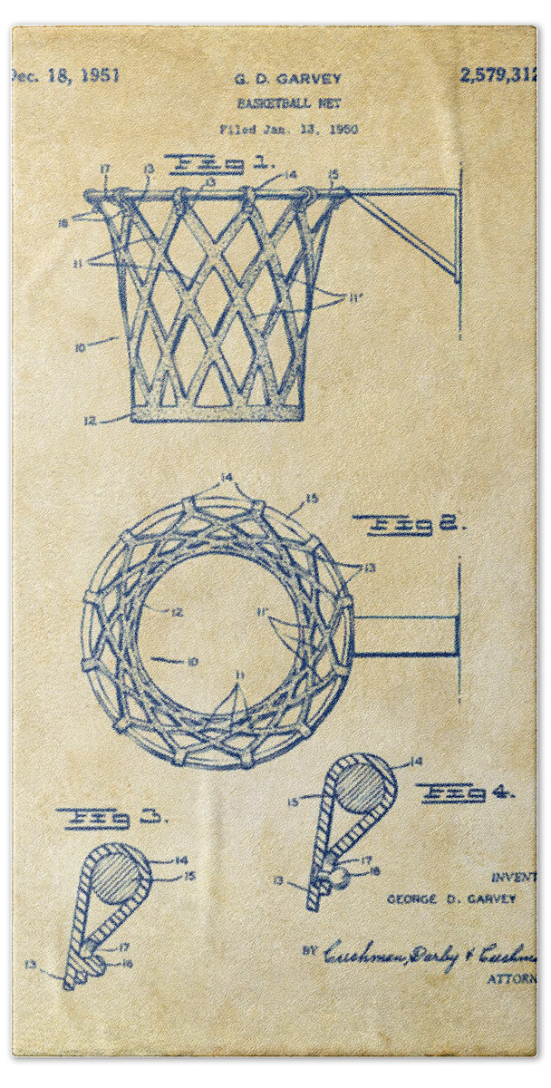 Basketball Bath Towel featuring the digital art 1951 Basketball Net Patent Artwork - Vintage by Nikki Marie Smith