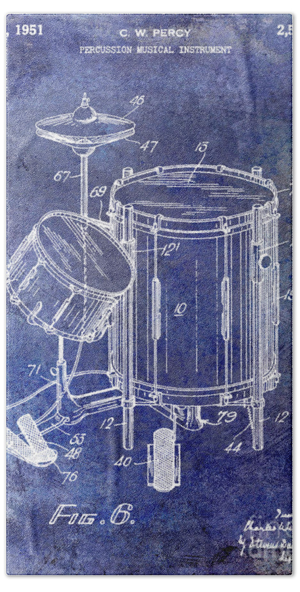 Drum Hand Towel featuring the photograph 1951 Drum Kit Patent Blue by Jon Neidert