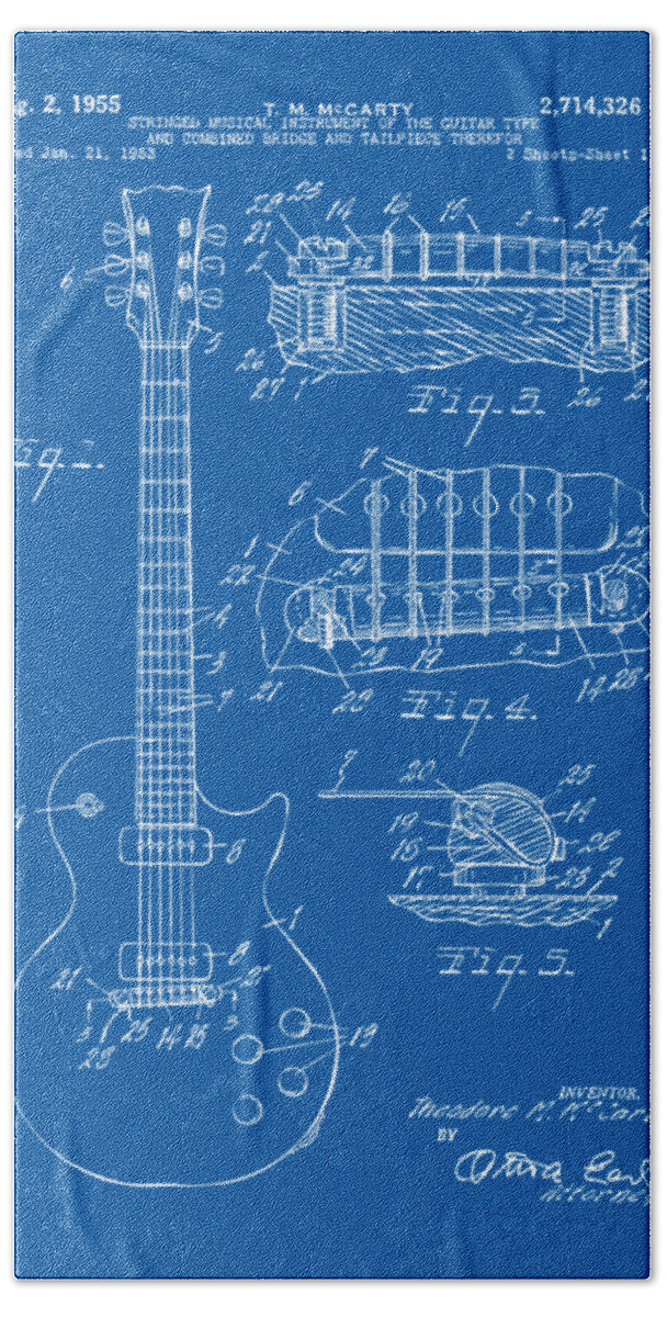 Guitar Bath Towel featuring the digital art 1955 McCarty Gibson Les Paul Guitar Patent Artwork Blueprint by Nikki Marie Smith