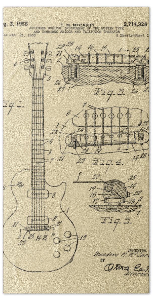 Guitar Bath Towel featuring the drawing 1955 McCarty Gibson Les Paul Guitar Patent Artwork Vintage by Nikki Marie Smith