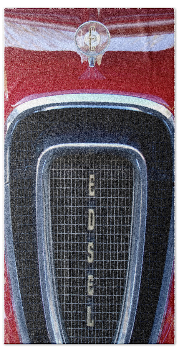 1958 Edsel Bath Towel featuring the photograph 1958 Edsel Hood Ornament by Jill Reger