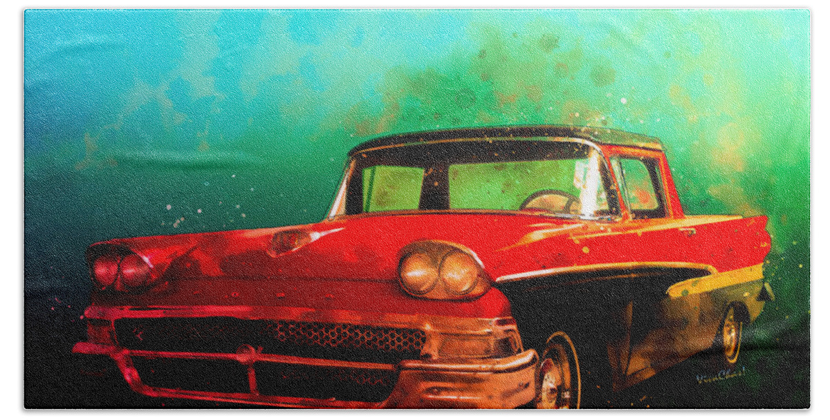 1958 Hand Towel featuring the digital art 1958 Ford Ranchero Watercolour by Chas Sinklier