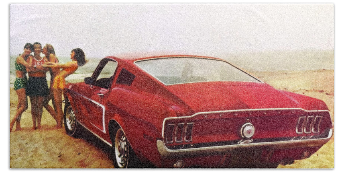 1968 Ford Mustang Gt 2 Plus 2 Lifes A Beach Hand Towel featuring the photograph 1968 Ford Mustang GT 2 plus 2 lifes a beach by Vintage Collectables