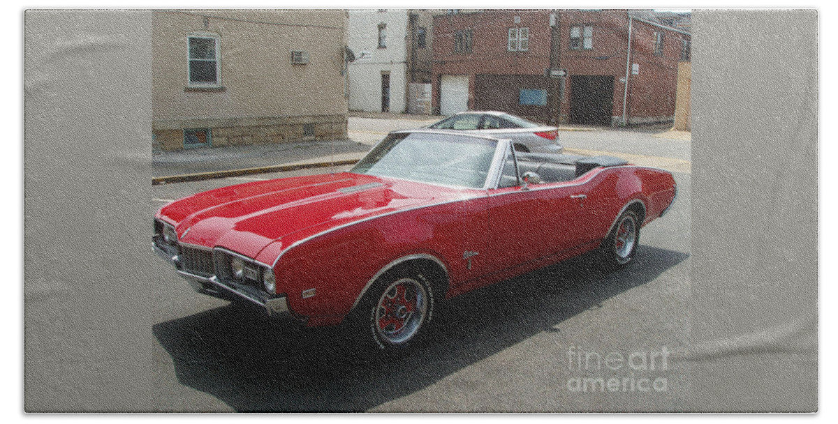 Red Car Bath Towel featuring the photograph 1968 Olds Cutlass Convertible Xo by Lisa Koyle