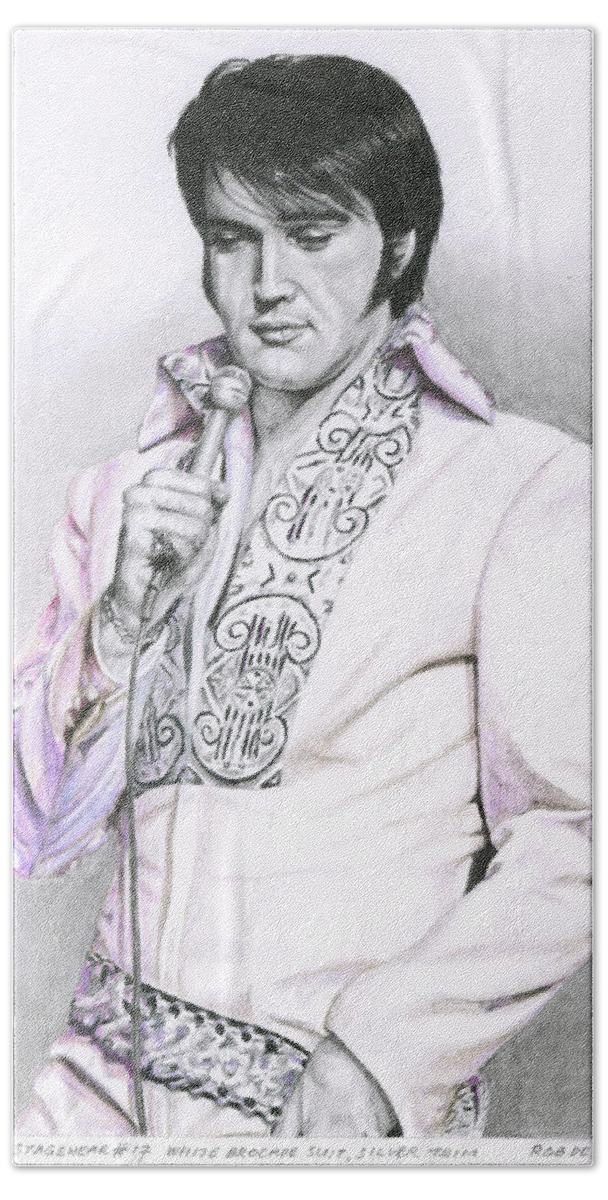 Elvis Bath Towel featuring the drawing 1970 White Brocade Suit Silver Trim by Rob De Vries