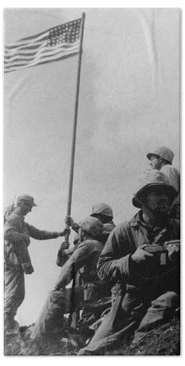 Iwo Jima Bath Sheet featuring the photograph 1st Flag Raising On Iwo Jima by War Is Hell Store