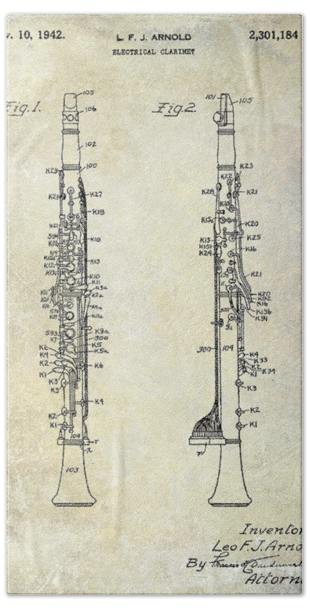 Clarinet Bath Towel featuring the photograph 1942 Electric Clarinet Patent #3 by Jon Neidert