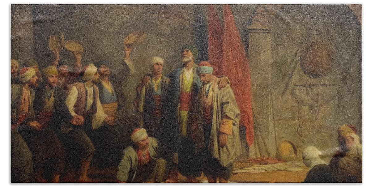 A Rifai Sufi Ceremony By Adolphe Yvon Bath Towel featuring the painting A Rifai Sufi Ceremony #2 by Adolphe Yvon