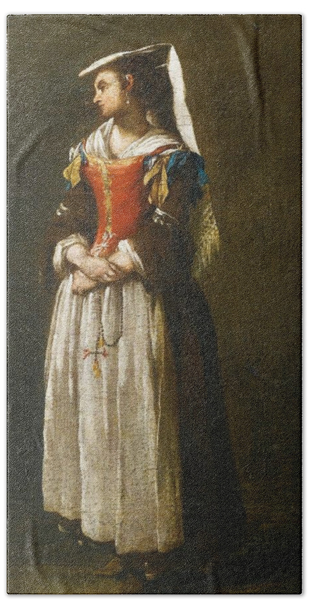 A Young Woman Dressed In Neapolitan Fashion' By Jean Barbault Bath Towel featuring the painting A Young Woman Dressed in Neapolitan Fashion by MotionAge Designs
