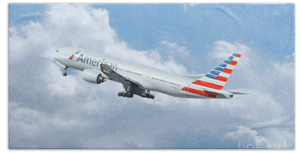 Boeing Bath Towel featuring the digital art American Airlines Boeing 777 by Airpower Art