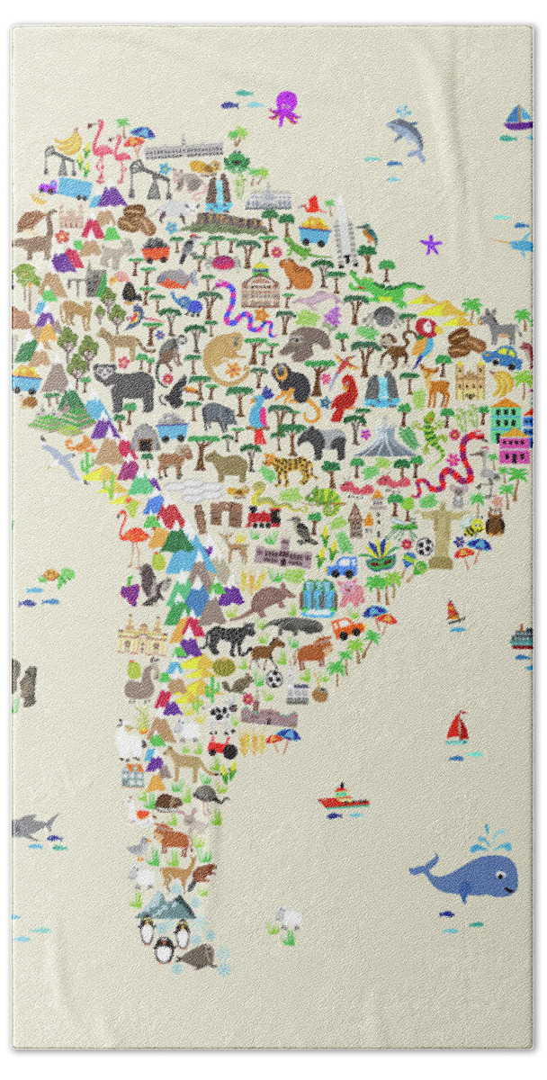 South America Map Hand Towel featuring the digital art Animal Map of South America for children and kids by Michael Tompsett