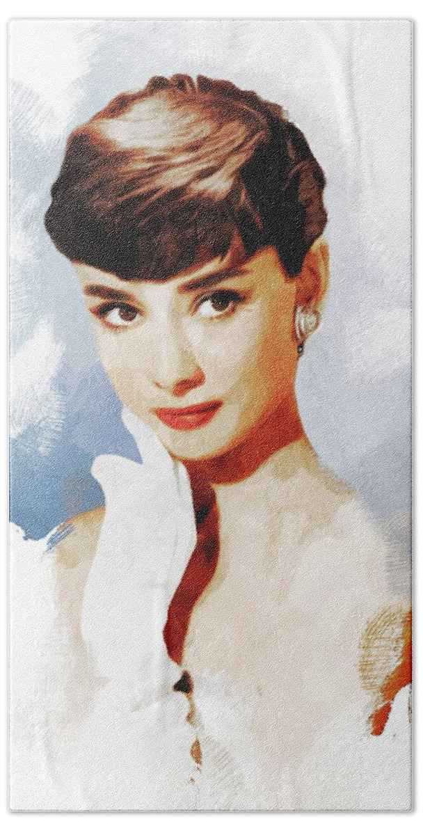Audrey Bath Towel featuring the painting Audrey Hepburn, Actress #2 by Esoterica Art Agency