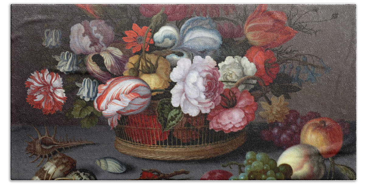 Balthasar Van Der Ast Bath Towel featuring the painting Basket of Flowers #2 by Balthasar van der Ast