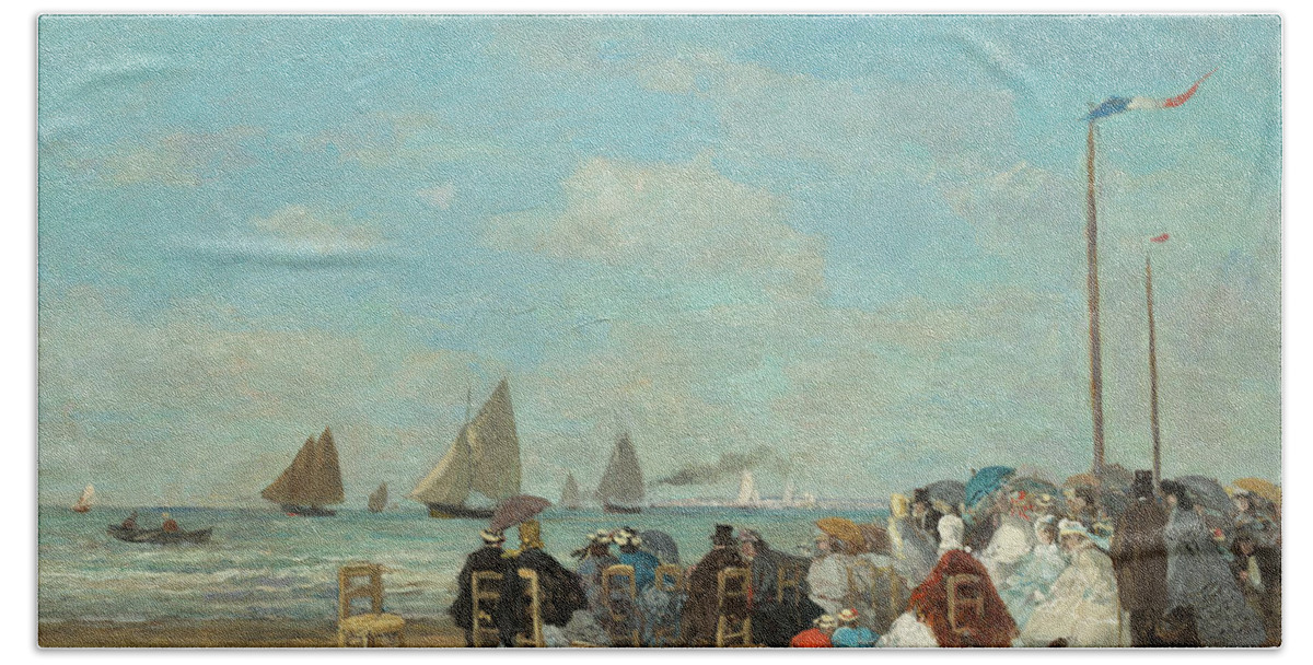 Eugene Boudin Bath Towel featuring the painting Beach Scene At Trouville #2 by Eugene Boudin