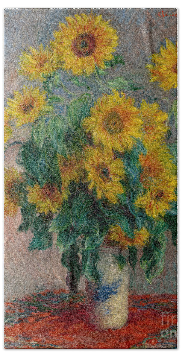 Monet Bath Sheet featuring the painting Bouquet of Sunflowers by Claude Monet