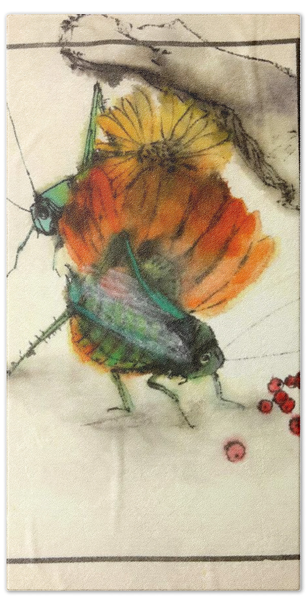 Insects. Cricket.flower. Bath Towel featuring the painting Bugs and blooms album #2 by Debbi Saccomanno Chan