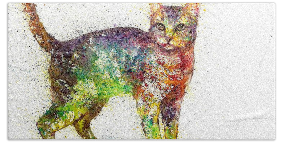 Cat Painting Hand Towel featuring the painting Cat fantasy #4 by Natalja Picugina
