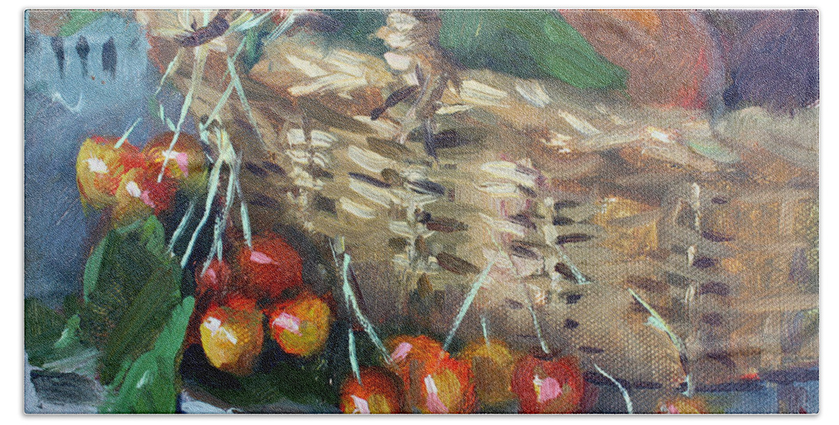 Cherries Hand Towel featuring the painting Cherries by Ylli Haruni