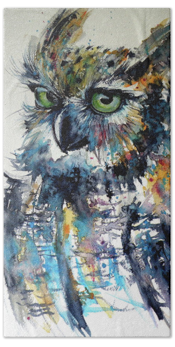 Cute Bath Towel featuring the painting Cute owl #2 by Kovacs Anna Brigitta