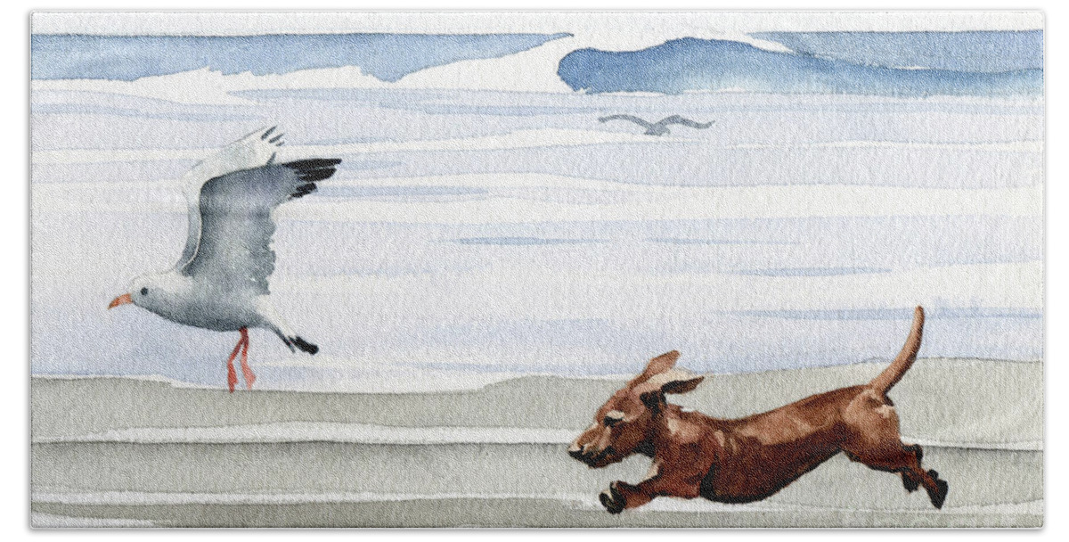 Dachshund Running Playing Seagull Beach Ocean Waves Shore Pet Dog Breed Canine Art Print Artwork Painting Watercolor Gift Gifts Picture Hand Towel featuring the painting Dachshund at the Beach #7 by David Rogers