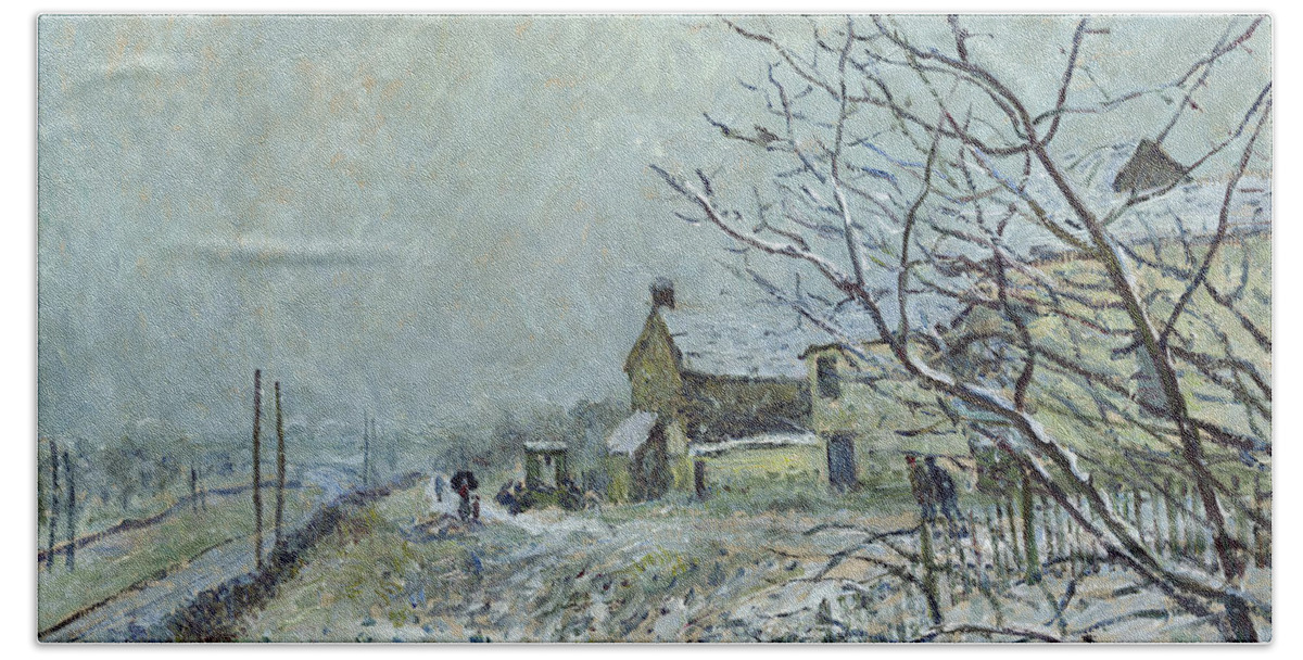 Alfred Sisley Bath Towel featuring the painting First Snow at Veneux-Nadon #3 by Alfred Sisley
