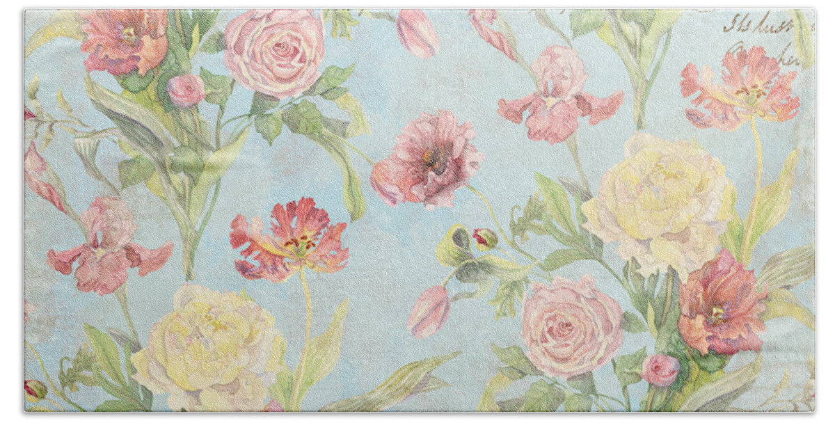 Peony Bath Towel featuring the painting Fleurs de Pivoine - Watercolor in a French Vintage Wallpaper Style #2 by Audrey Jeanne Roberts