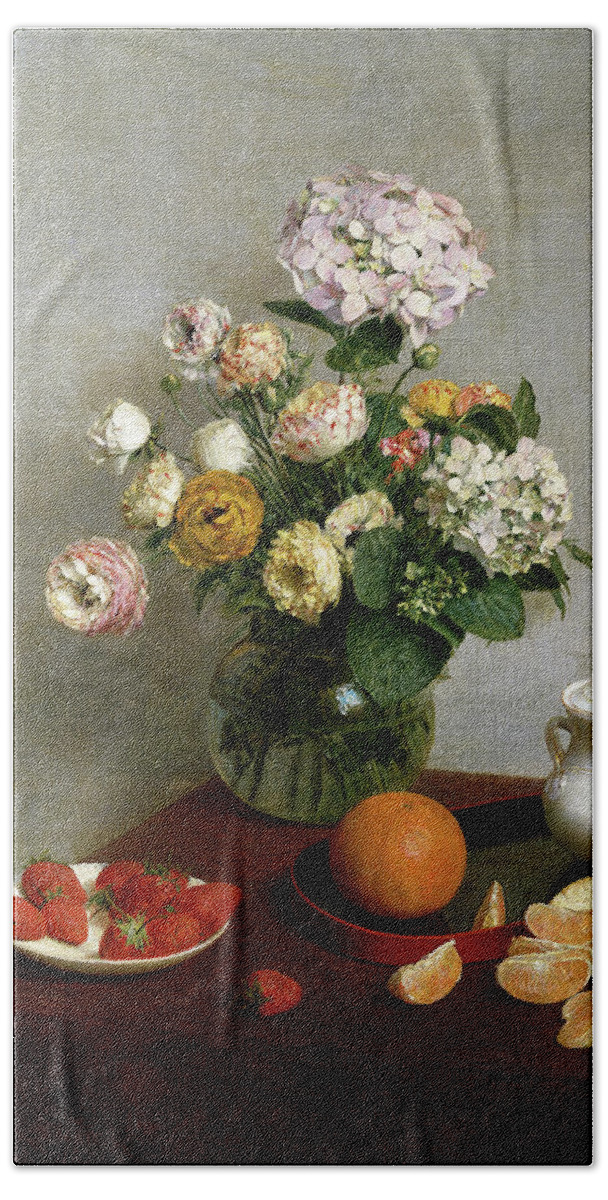 Henri Fantin Latour Hand Towel featuring the painting Flowers and Fruit #2 by Henri Fantin Latour