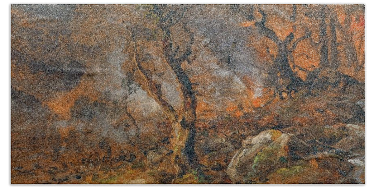 Forest Fire By Johan Christian Dahl Bath Towel featuring the painting Forest Fire by Johan Christian