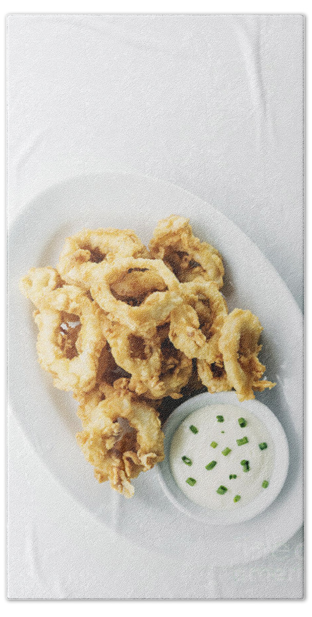 Aioli Bath Towel featuring the photograph Fried Calamari Squid Rings With Aioli Garlic Sauce #2 by JM Travel Photography