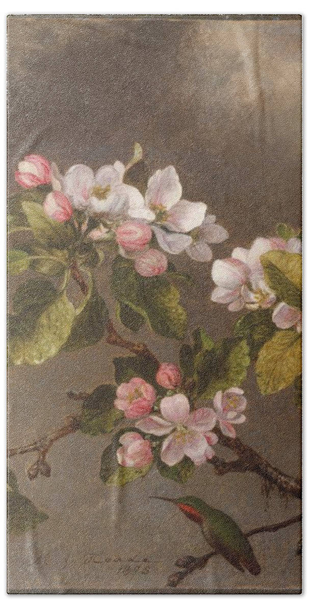 Martin Johnson Heade Bath Towel featuring the painting Hummingbird And Apple Blossoms #1 by Martin Johnson Heade