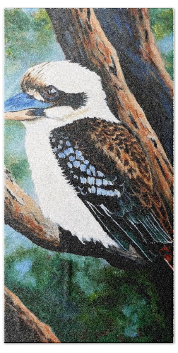 Australia. Acrylic Hand Towel featuring the painting Kookaburra #1 by Anne Gardner