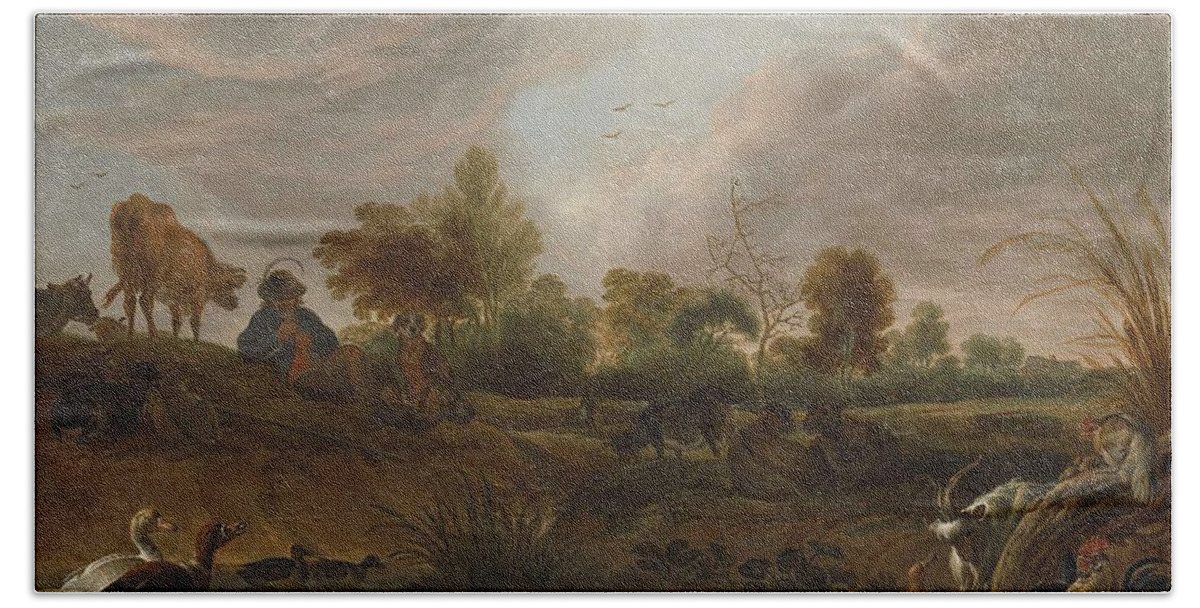 Landscape With Animals Bath Towel featuring the painting Landscape With Animals by Cornelis Saftleven