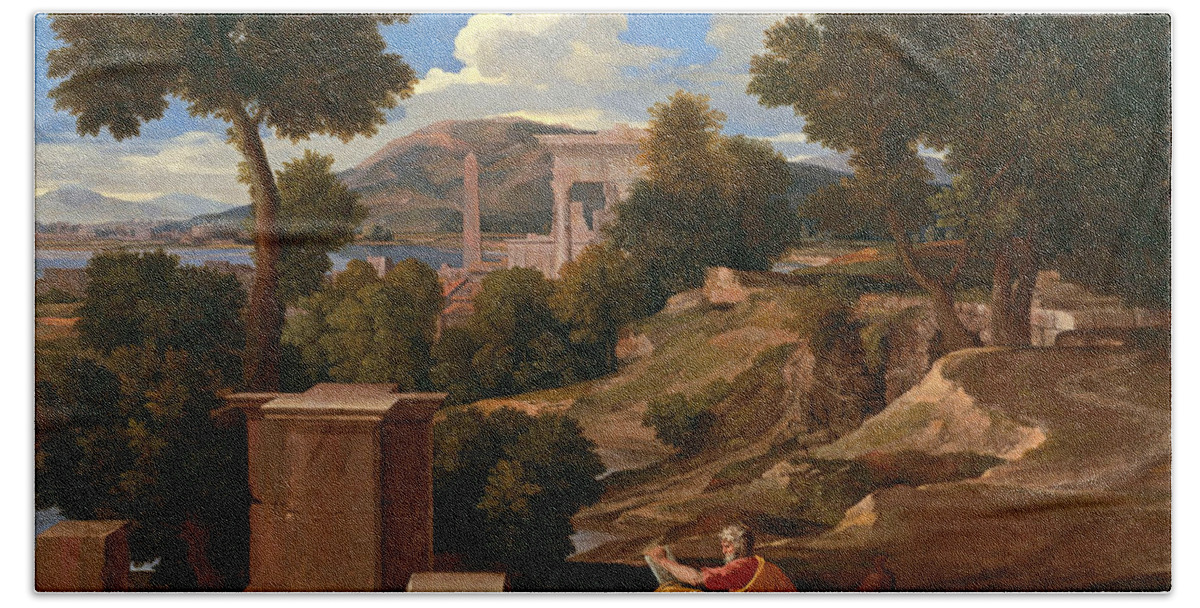 Nicolas Poussin Bath Towel featuring the painting Landscape with Saint John on Patmos #2 by Nicolas Poussin