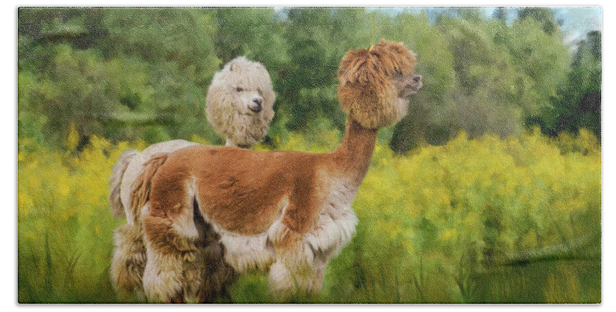 2 Little Llamas Painted In A Painted Landscape Animals Bath Towel featuring the photograph 2 Little Llamas by Mary Timman