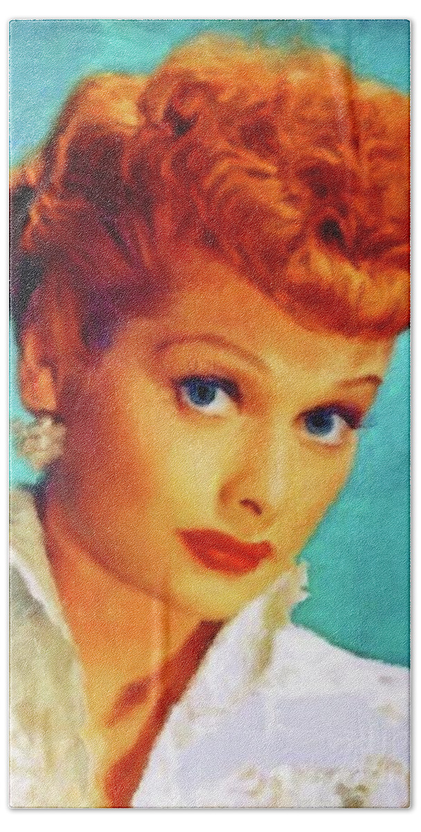 Hollywood Hand Towel featuring the painting Lucille Ball by Mary Bassett #2 by Esoterica Art Agency