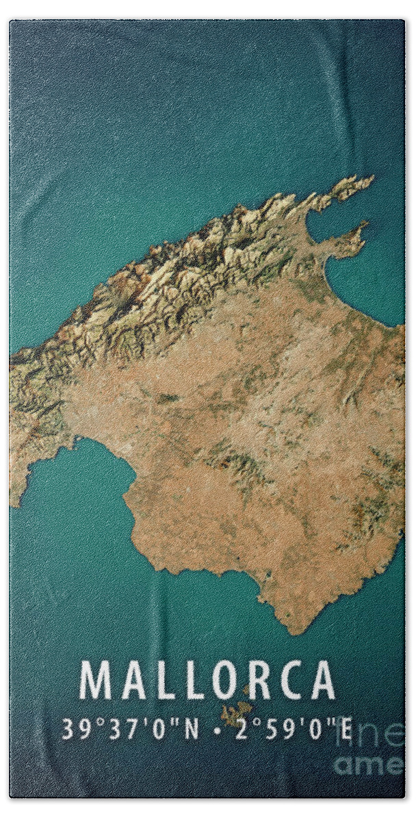 Mallorca Hand Towel featuring the digital art Mallorca Island 3D Render Satellite View Topographic Map by Frank Ramspott