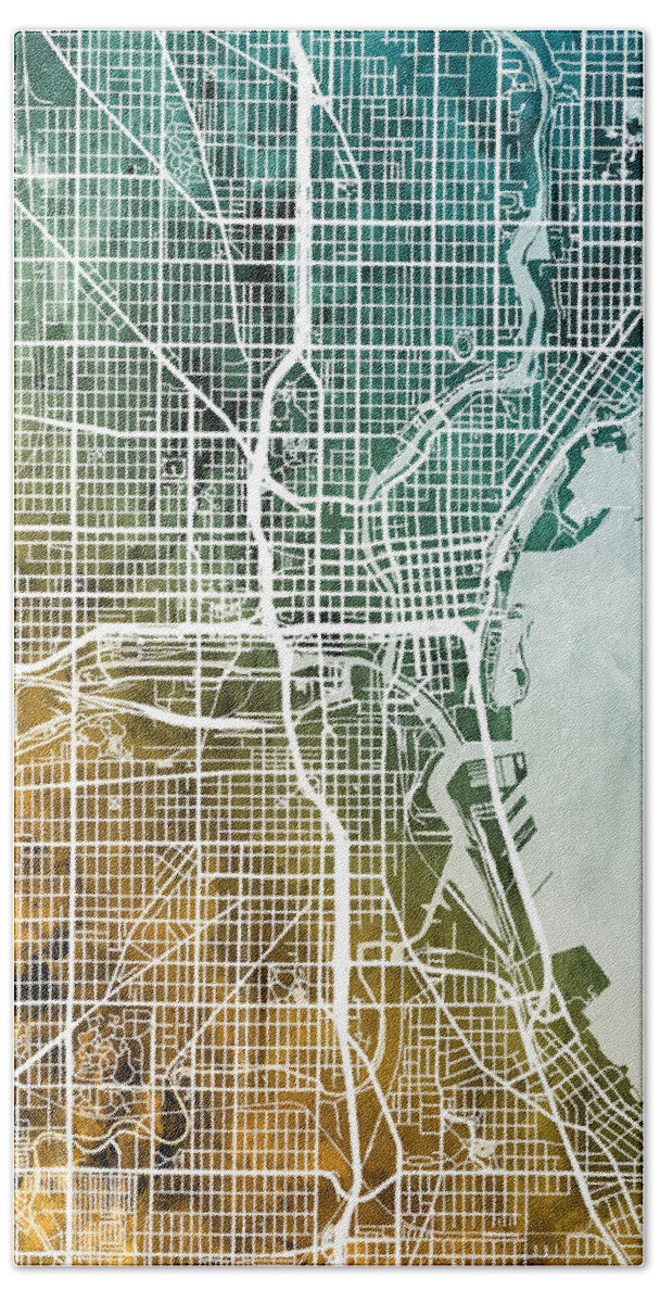 Milwaukee Bath Sheet featuring the digital art Milwaukee Wisconsin City Map by Michael Tompsett
