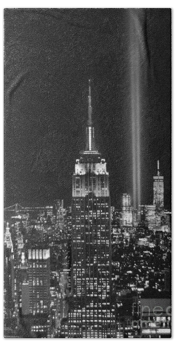 New York City Skyline At Night Bath Sheet featuring the photograph New York City Tribute in Lights Empire State Building Manhattan at Night NYC by Jon Holiday