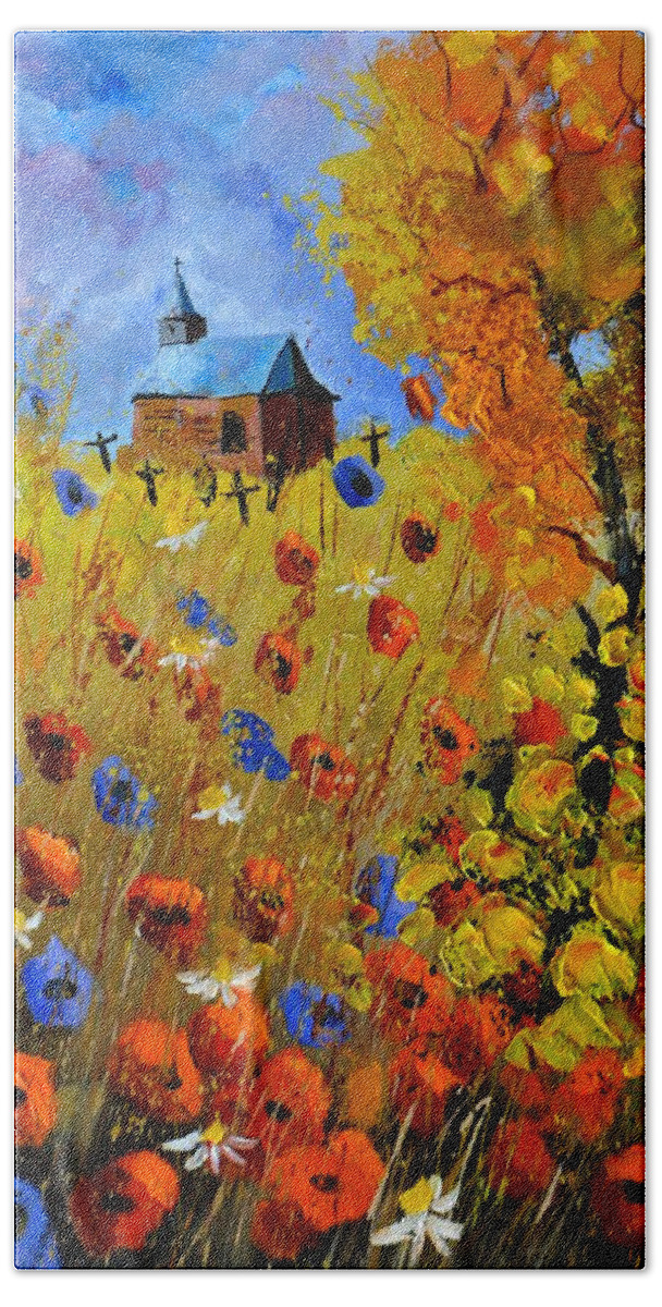 Landscape Hand Towel featuring the painting Old chapel in Houroy #2 by Pol Ledent