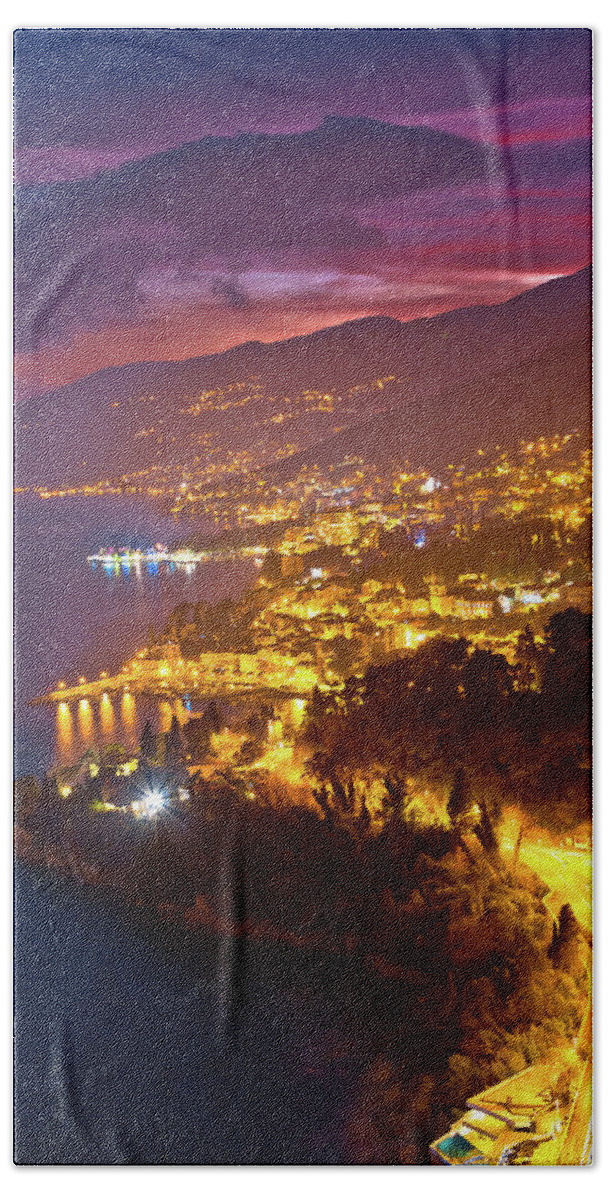 Opatija Bath Towel featuring the photograph Opatija riviera bay evening panoramic view #2 by Brch Photography